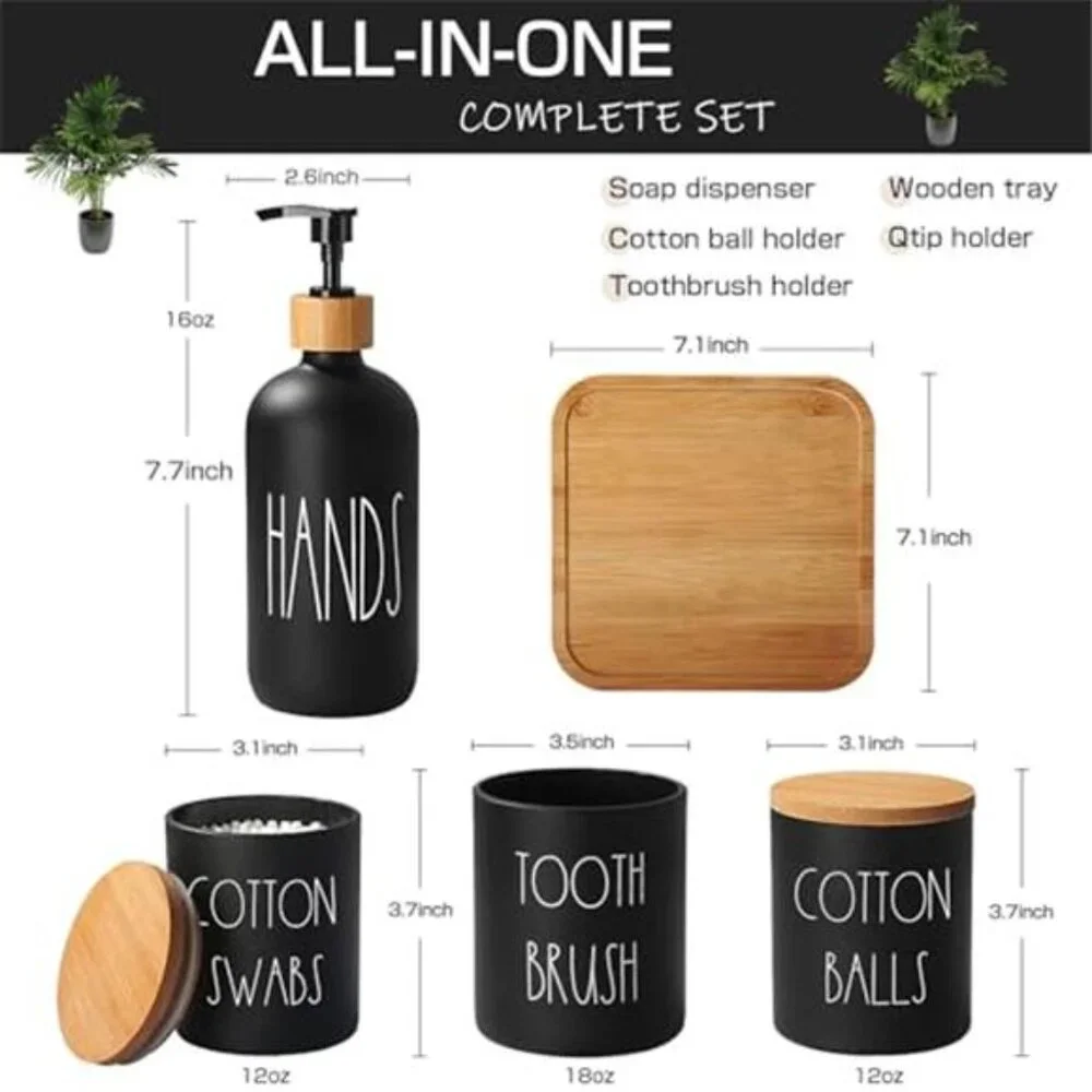 Matte Black Bathroom Accessories Set 5 Pcs Soap Dispenser Toothbrush Holder